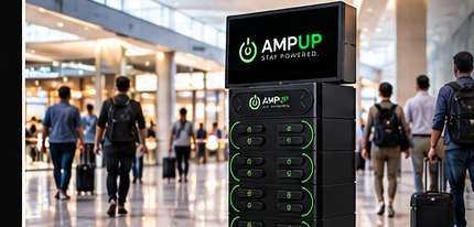 An AmpUp charging kiosk in a busy mall walkway, with travellers passing by