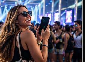 A guest at a festival taking a photo while her phone charges on an AmpUp power bank