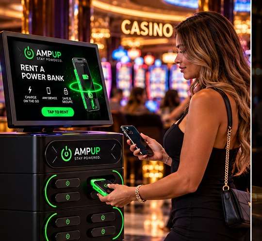 A guest renting an AmpUp power bank from a branded charging kiosk on a casino floor
