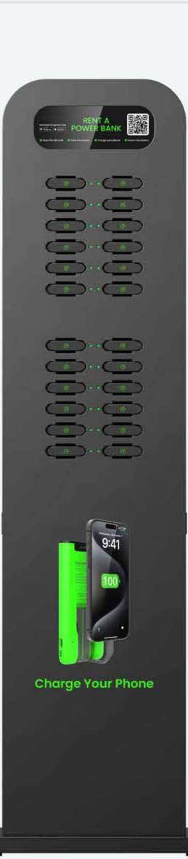 24-slot compact floor-standing charging kiosk, no advertising screen