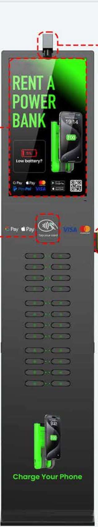 24-slot floor-standing charging kiosk with 23.8 inch advertising screen