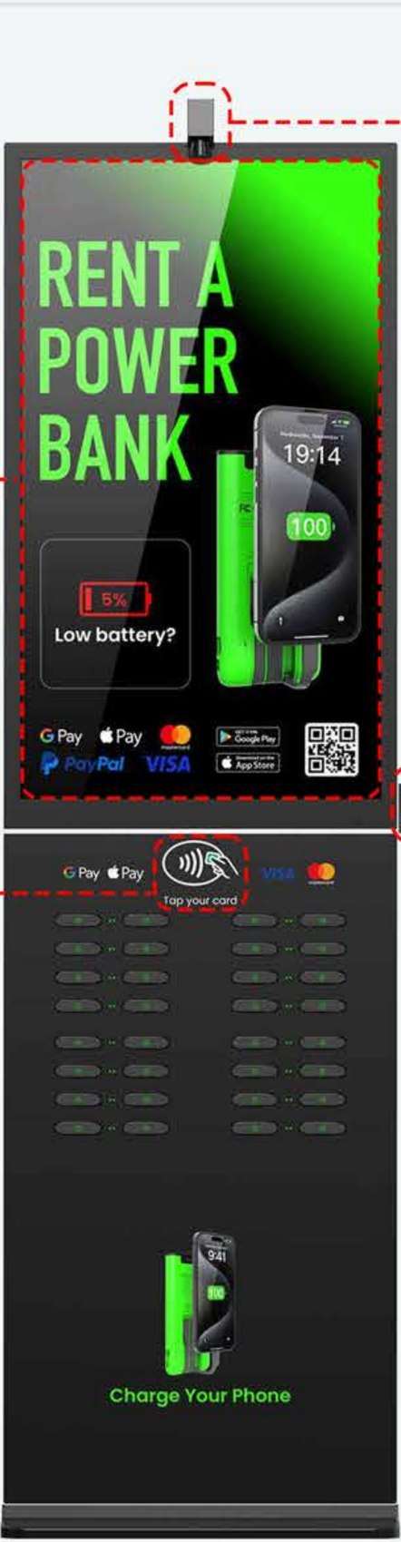 32-slot floor-standing charging kiosk with 43 inch advertising screen
