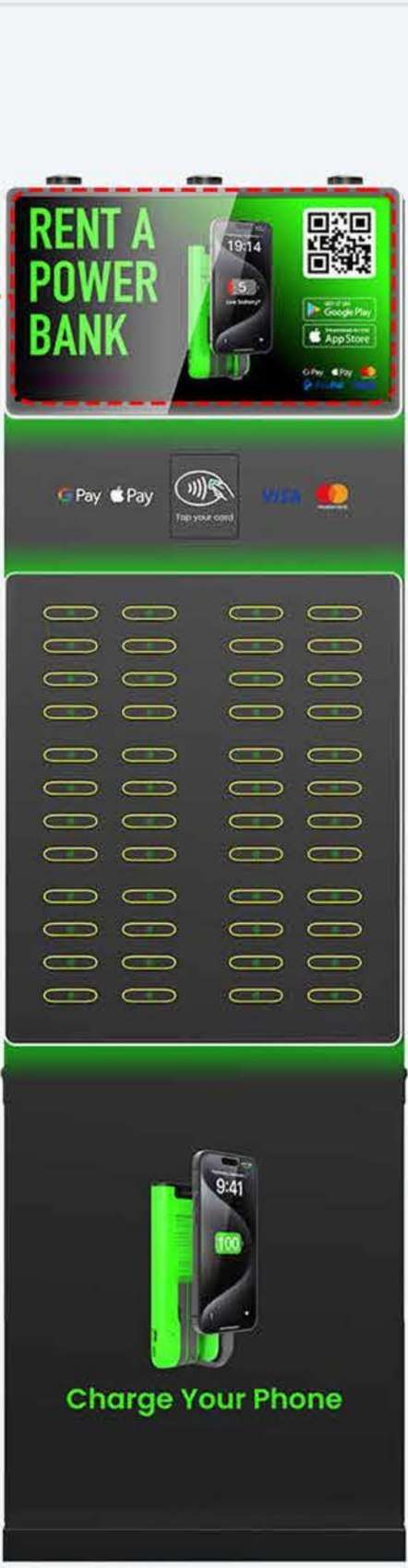 48-slot floor-standing charging kiosk with 21.5 inch landscape advertising screen
