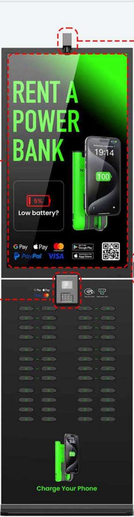 48-slot floor-standing charging kiosk with 43 inch advertising screen