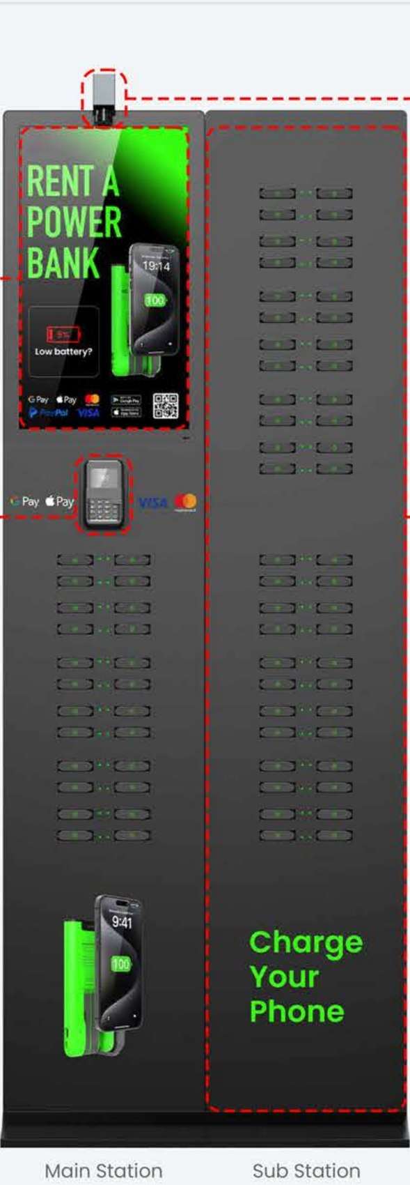 72-slot floor-standing charging kiosk with expandable sub-station, 23.8 inch screen