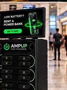 AmpUp kiosk placed in a busy mall walkway