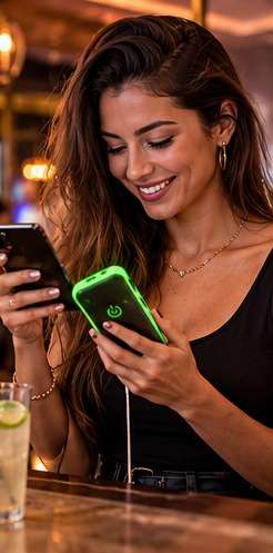 A guest smiling while charging her phone on an AmpUp power bank