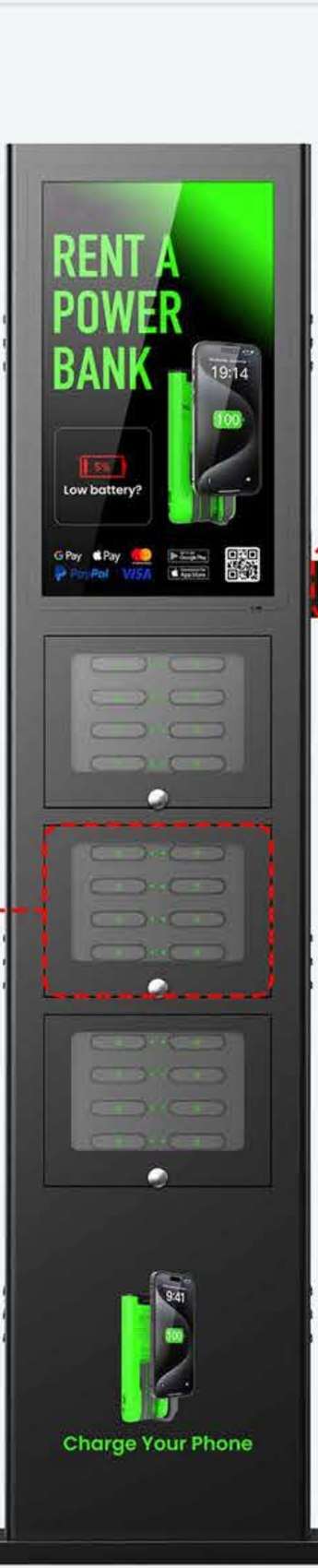 24-slot outdoor waterproof charging kiosk with 23.8 inch advertising screen, IP54 rated