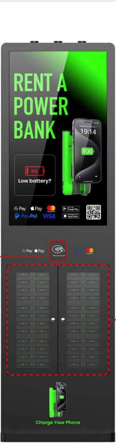 48-slot outdoor waterproof charging kiosk with 43 inch advertising screen, double-door cabinet, IP54 rated