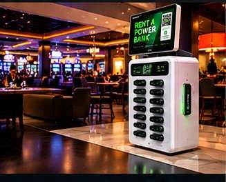 AmpUp charging kiosk on a casino floor at night